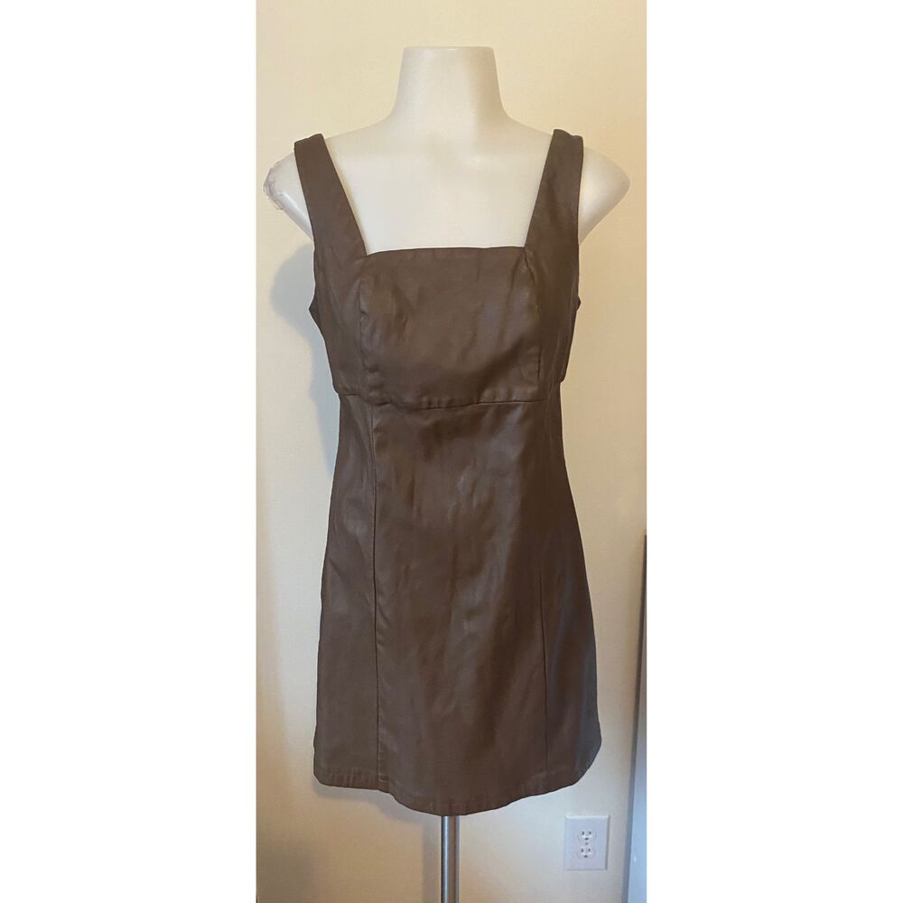 The Drop Brown Faux Leather Square Neck Midi Dress Size Small